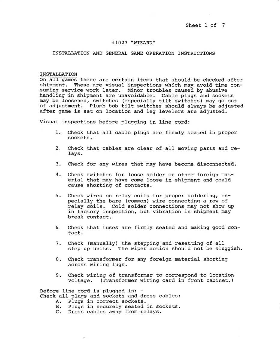 arcade wizard by manufacturing corporation installation general game operation manual|bally|p...webp