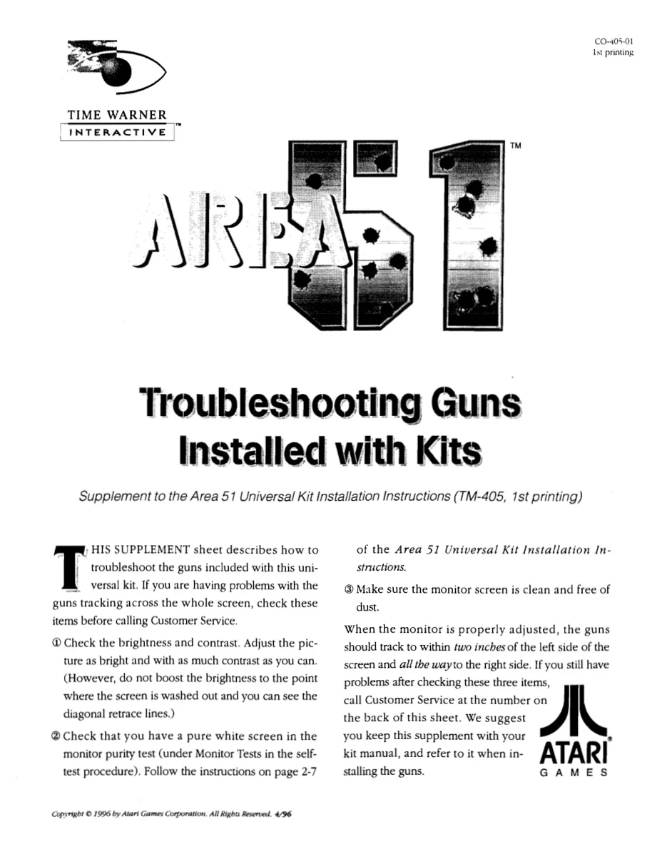 area 51 co-405-01 troubleshooting guns manual|atari|games|1st printing.webp