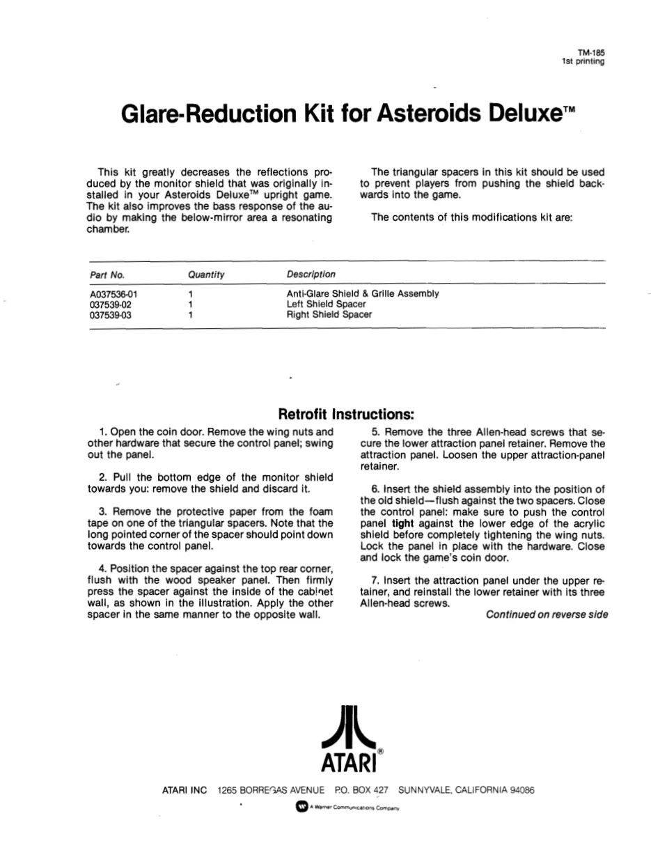 asteroids deluxe glare reduction tm-185 conversion kit instructions|atari|parts-and-periphera...webp