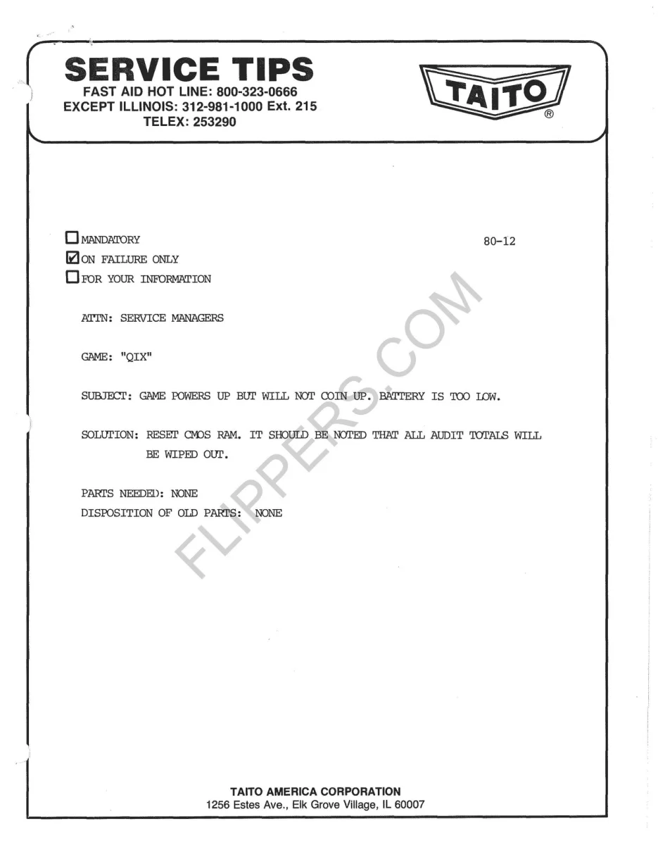 bulletins service manual|taito|parts-and-peripherals|.webp