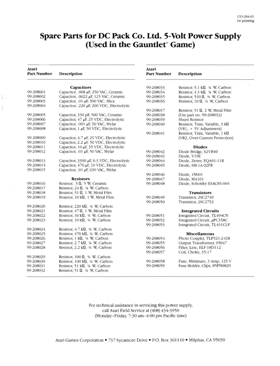 gauntlet co-284-01 5vdc parts list|bally-midway|parts-and-peripherals|1st printing.webp