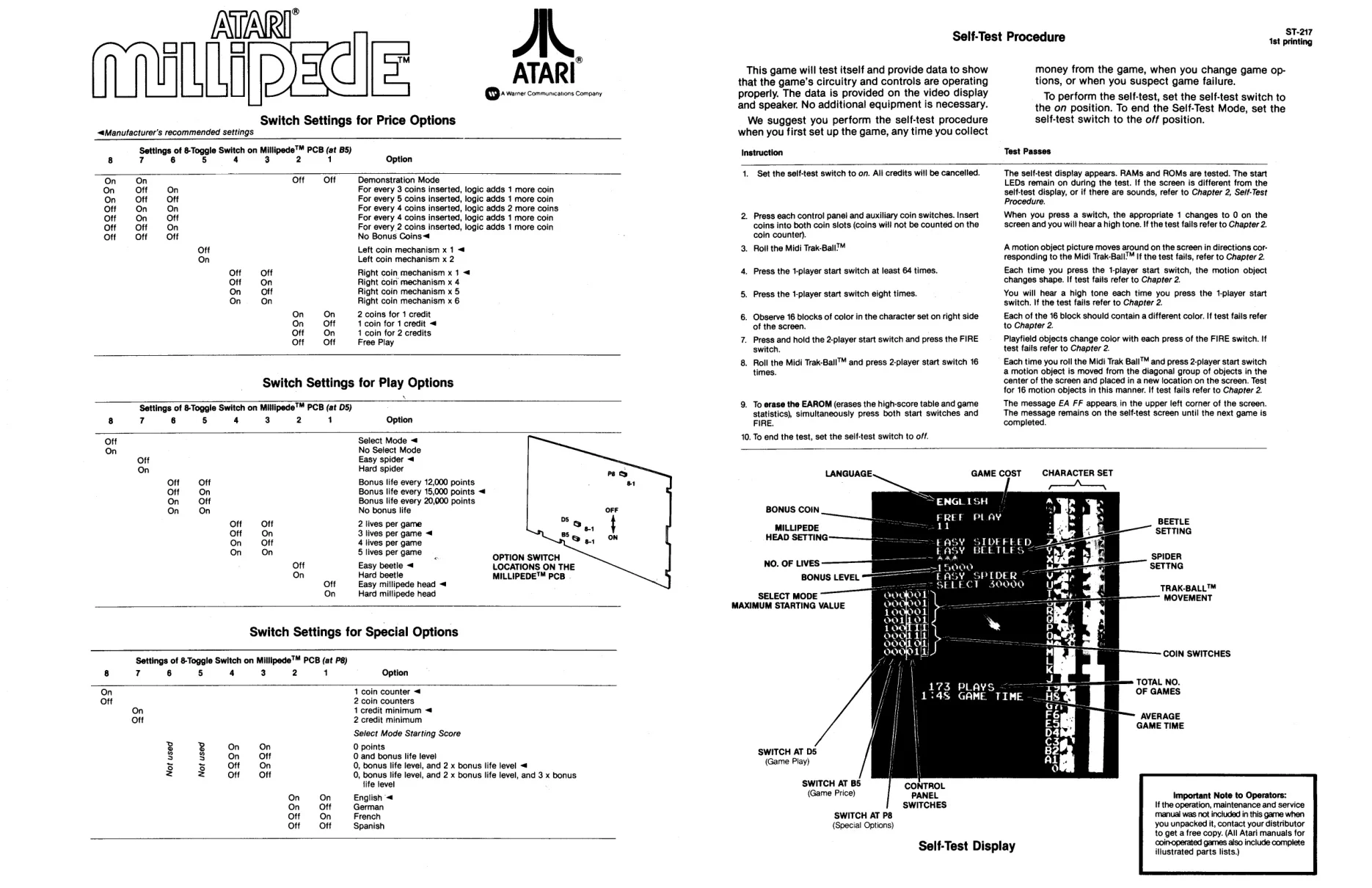 millipede st-217 backdoor manual|atari|games|1st printing.webp