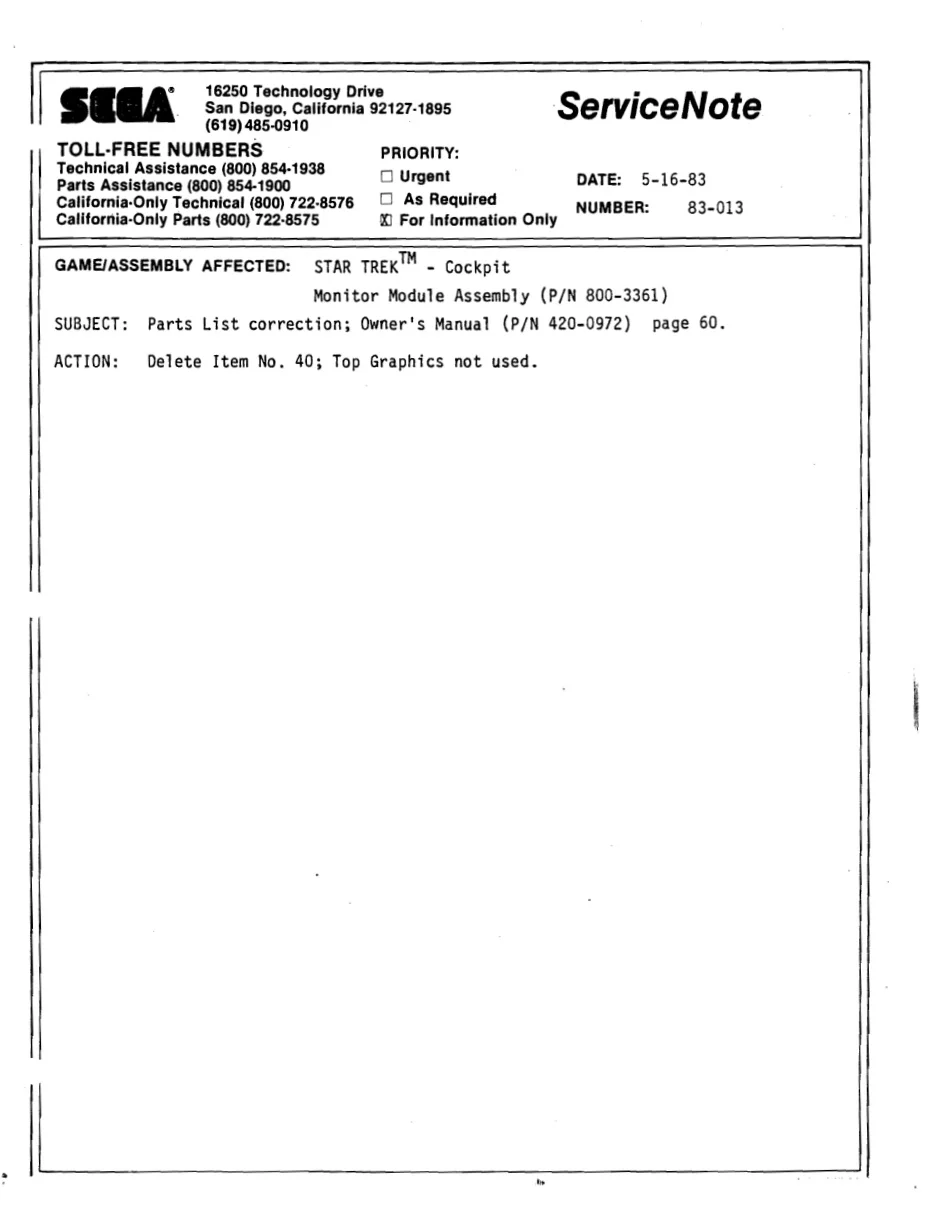 star trek cockpit note 83 013 service manual|sega|games|.webp