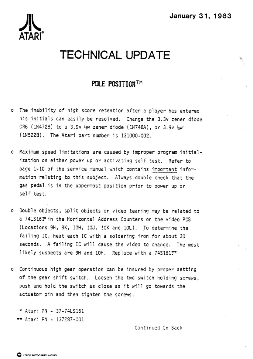 technical update note pole position manual|atari|games|.webp