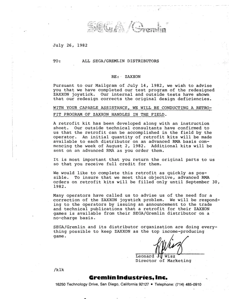 zaxxon joystick redesign service bulletin|sega|games|.webp