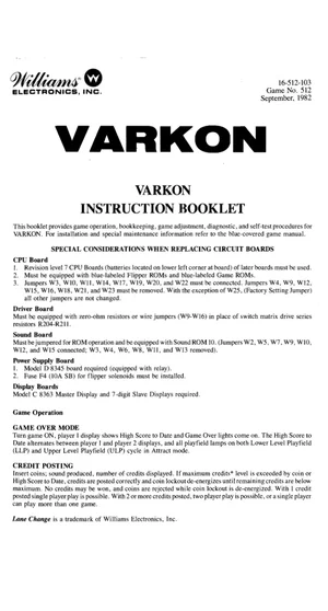 varkon booklet sept 1982 instruction manual|williams|games|.webp