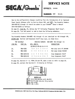 zaxxon note 009 amendments to service manual|sega|parts-and-peripherals|.webp